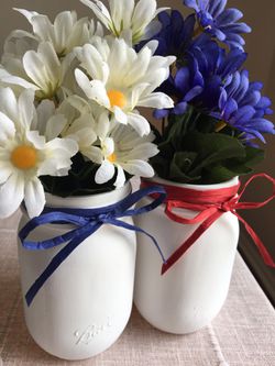 Two chalk painted mason jars with silk flowers Thumbnail
