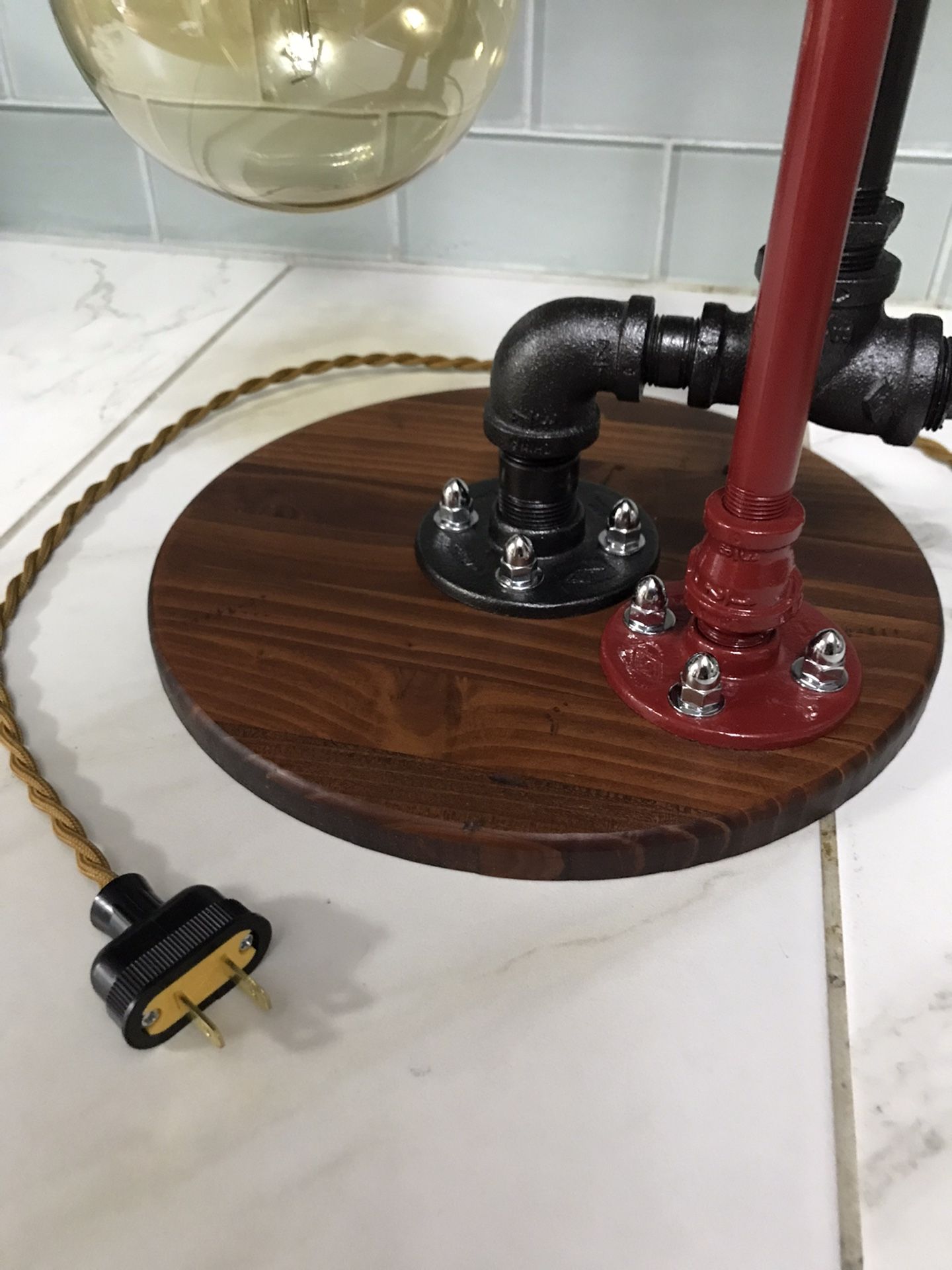 Industrial Steel Pipe&Edison Bulb Lamp, Red Cider Wood Base