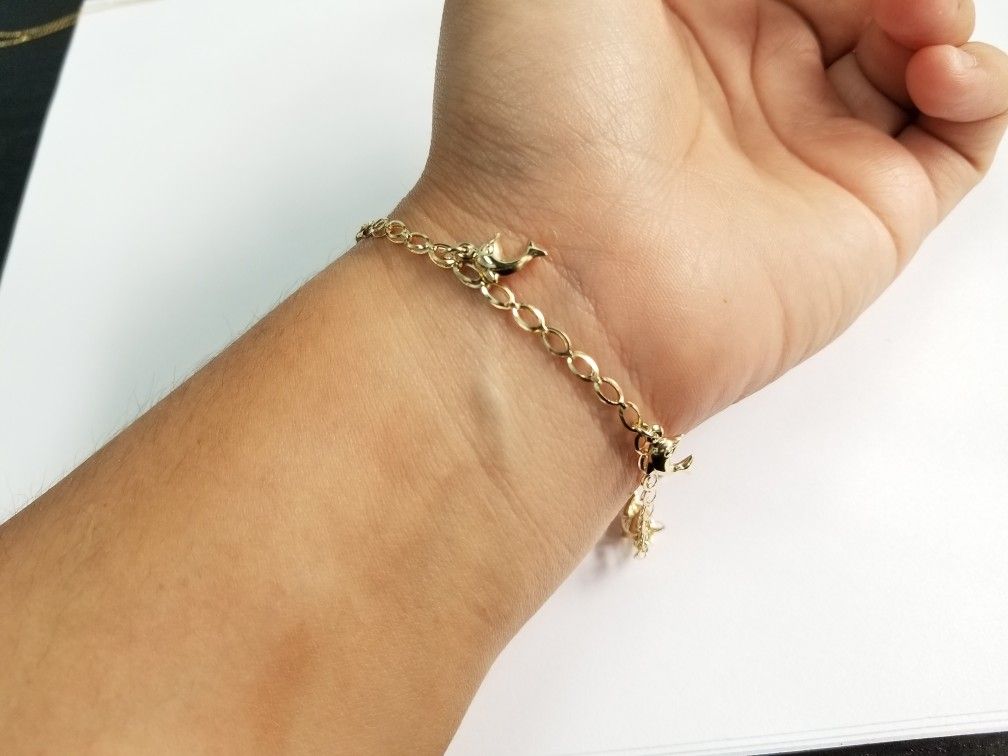 10k Yellow Gold Dolphin Anklet Cz Link Chain Tobillera De Mujer Delfines Con Piedras Cz 10 Inches Pulgadas