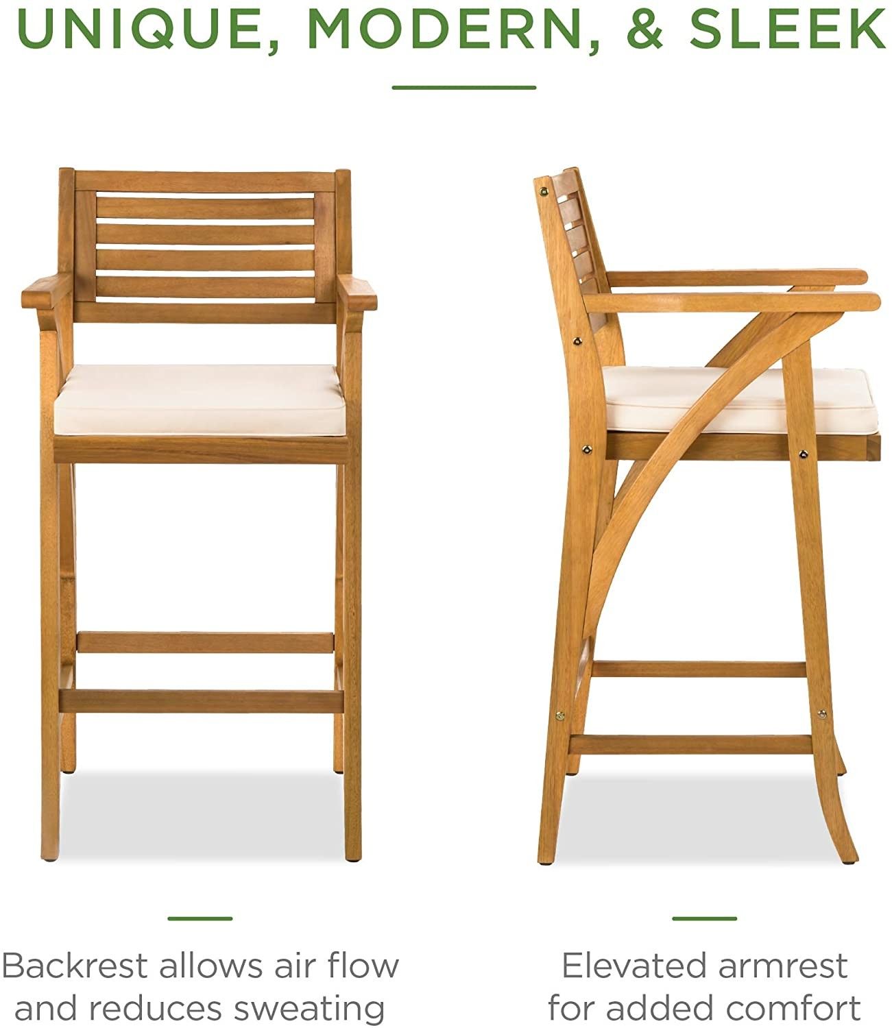 2pc Stool Chairs with Cushion, Teak Finish