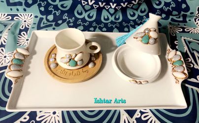 5pc Turkish Arabic Morrocan coffee espresso tray cup set handmade Thumbnail
