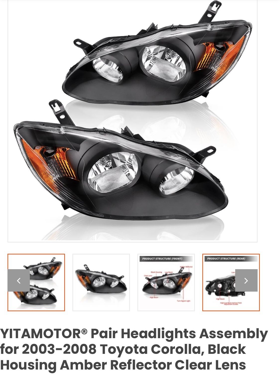 HA01-G015 Pair Headlights Assembly for 2003-2008 Toyota Corolla, Black Housing Amber Reflector Clear Lens