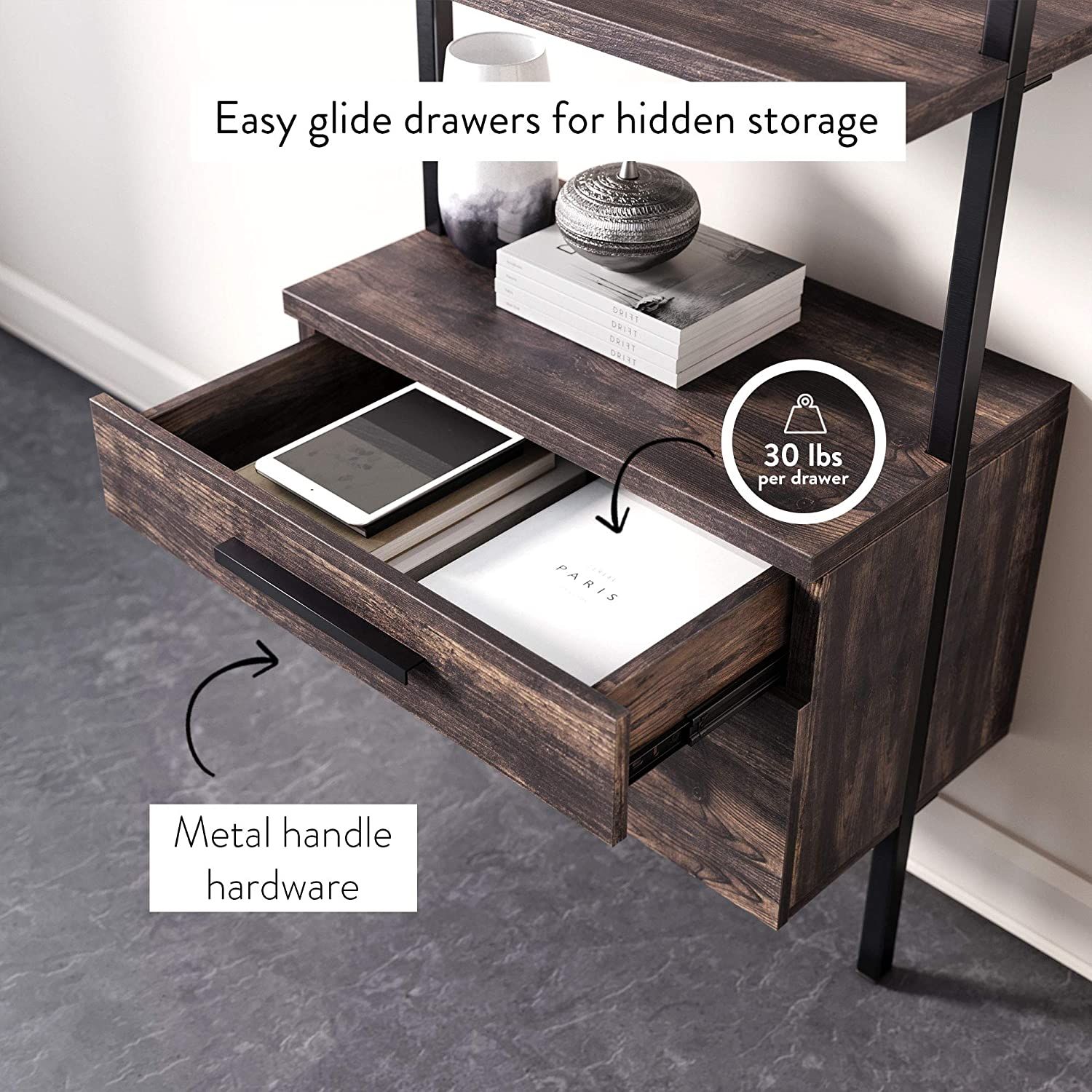 Matte Steel Frame Industrial Bookshelf with Wood Drawers, 3-Shelf, Nutmeg/Black