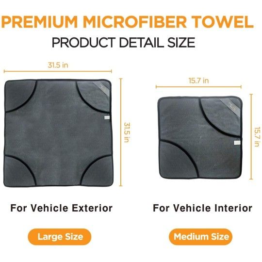 Premium Big-Size 600GSM Microfiber Super Absorbent Hand Pocket Drying Towel Convenient Handling Car Wash Rag (Gray, 2 in 1 Pack) (31.5 x