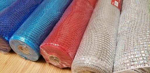 9 Rolls Of Deco Mesh Ribbon 21 in X 30 Feet Blue Red Silver  Green Black And White  Thumbnail