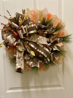 Fall Deco Mesh Floral & Ribbon Wreath Thumbnail