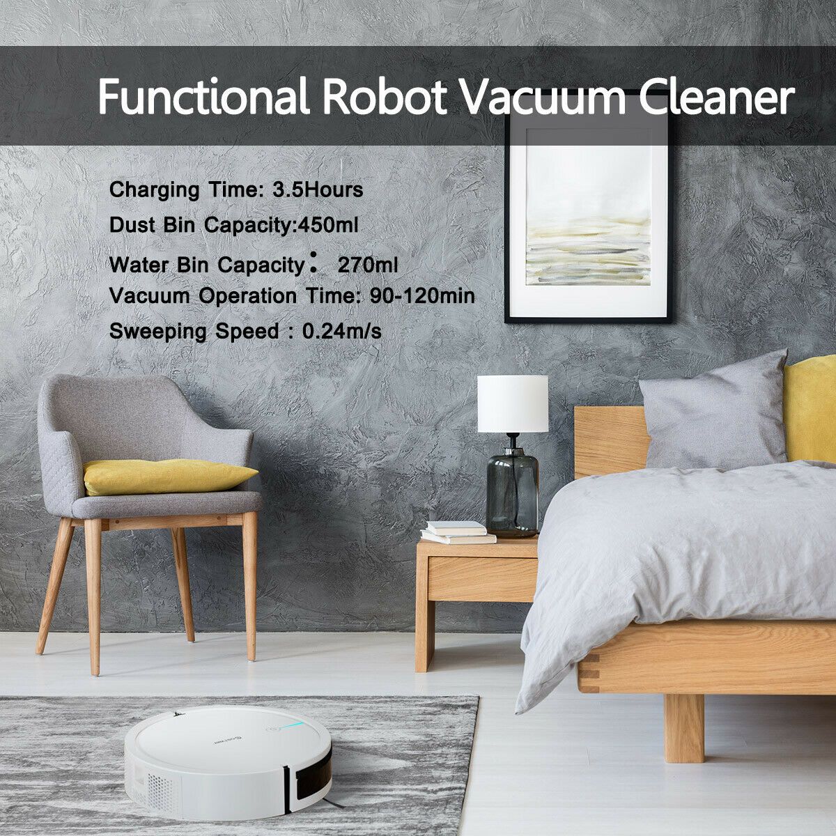 Costway Robot Vacuum Cleaner Self-Charge App Voice Control Filter Water Tank White