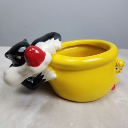 Sylvester & Tweety Bird Looney Tunes 7" vintage Flower Pot Planter Ceramic  Thumbnail