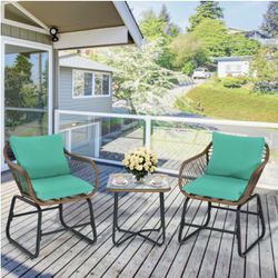3 Pcs Bistro Set Cushioned Chairs Glass Table Rattan Furniture  Thumbnail