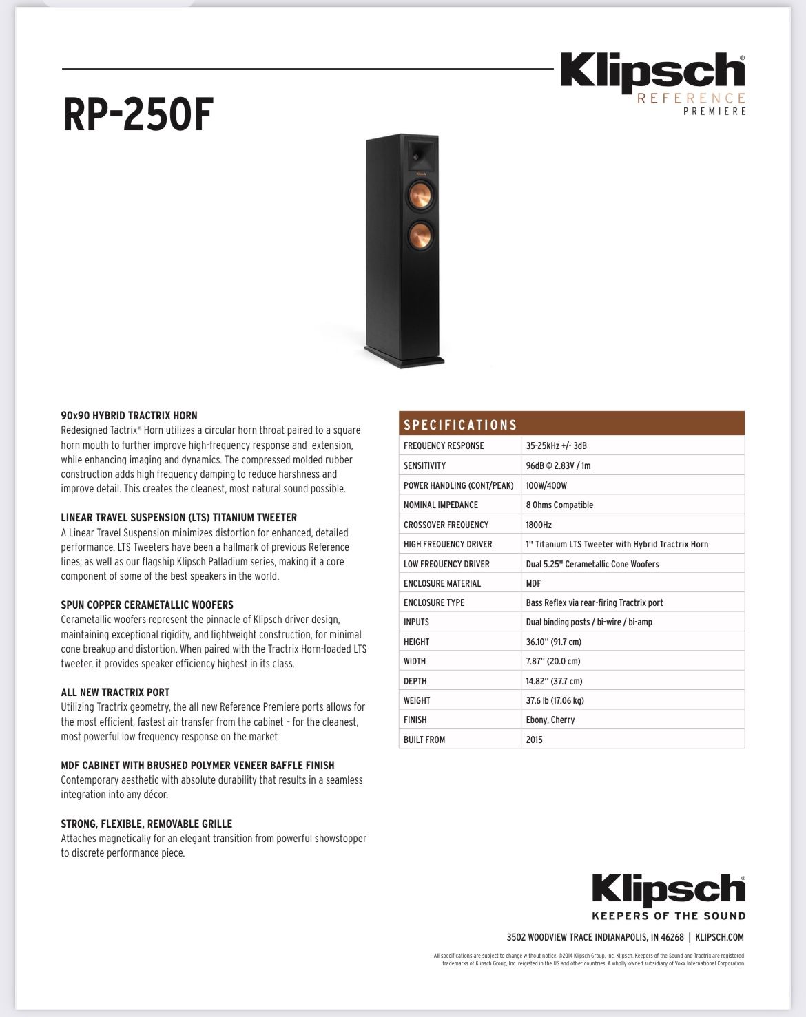 Klipsch RP-250F Floorstand Tower Speakers - Pair!