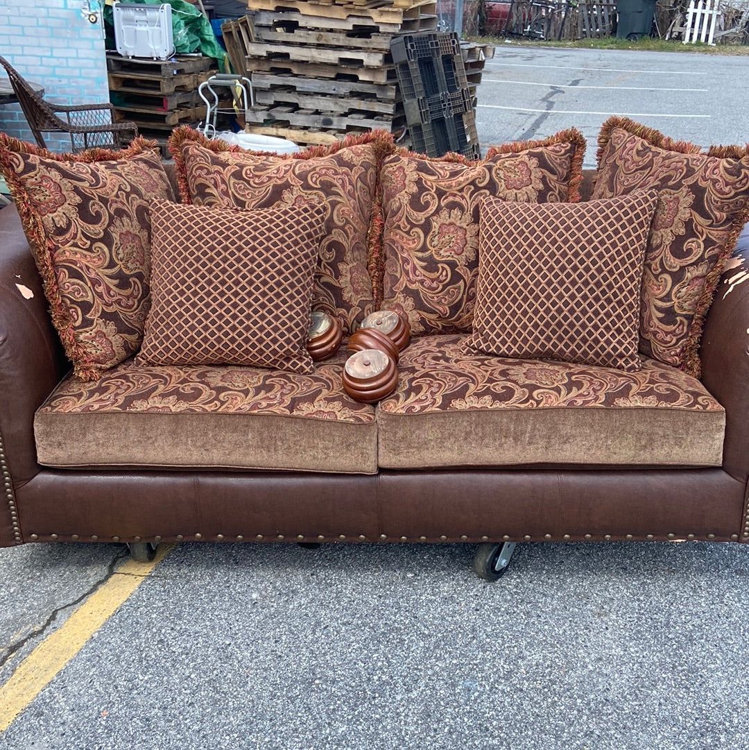 Brown Leather Couch Floral Designed Cushions and Pillows
