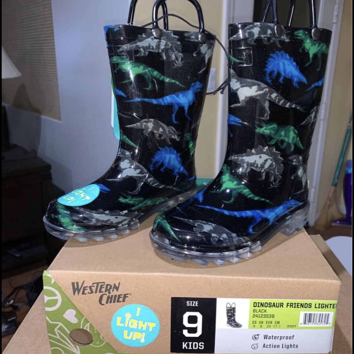 Brand new western chief dinosaur friends lighted rain boots for kids 9T$25