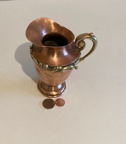 Vintage Copper and Brass Metal Serving Pitcher, 5 1/2" Miniature Picture, Heavy Duty Brass Handle and Trim, Kitchen Decor, Home Decor, Shelf Display Thumbnail