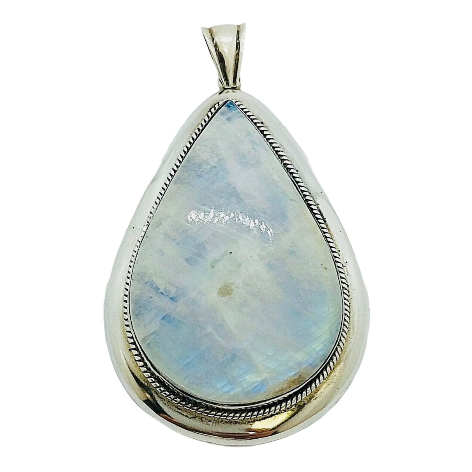 925 Solid Real Sterling Silver Large Natural Rainbow Moonstone Pendant 45mm