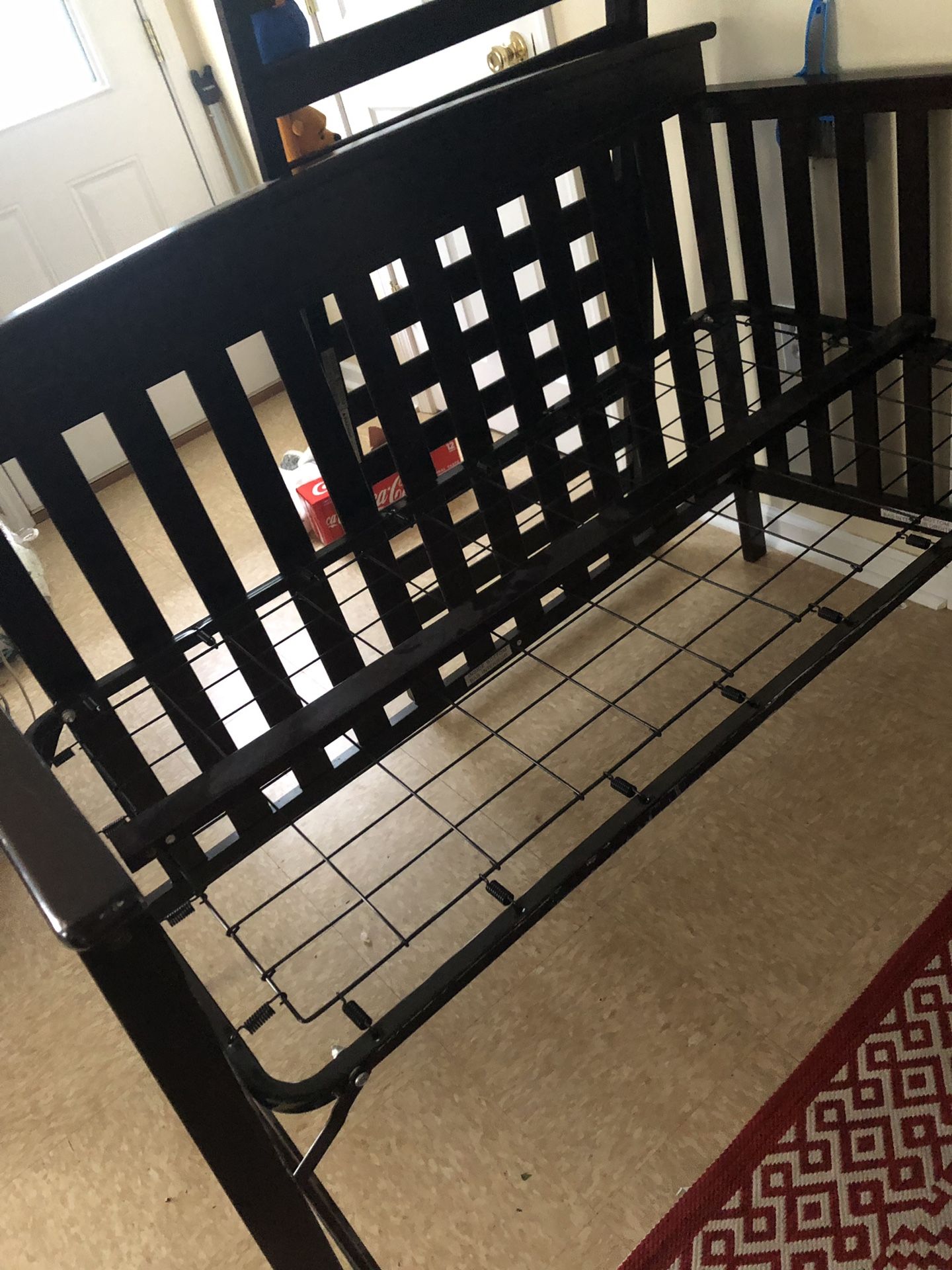 Baby bed, mattress, bouncer, activity seat , 3 bags of baby cloths car seat and excersor