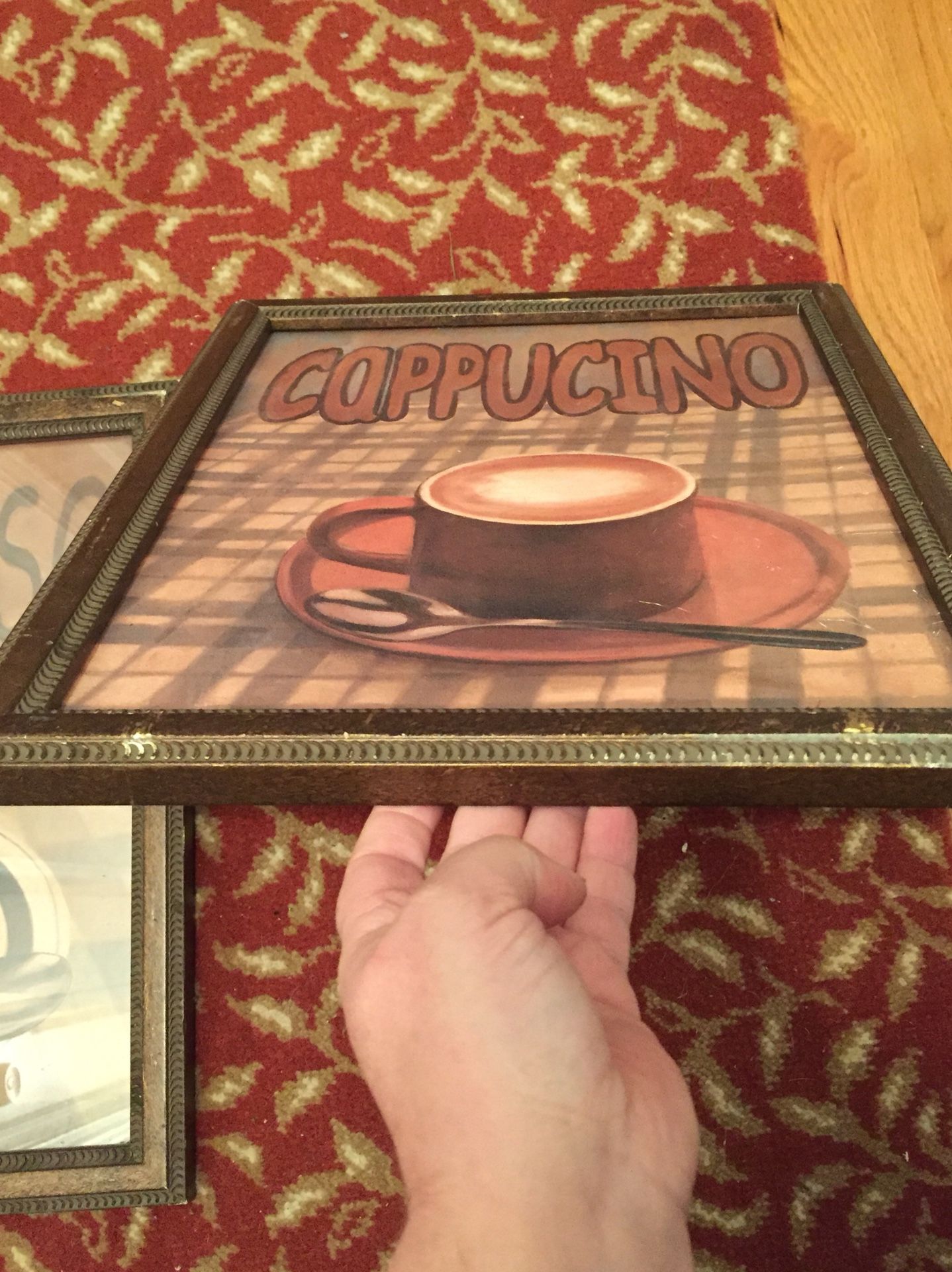 Coffee shop kitchen wall decoration frames 2 frames measure about 12 inches wide and about 15 and half inches tall. One frame has the glass the oth