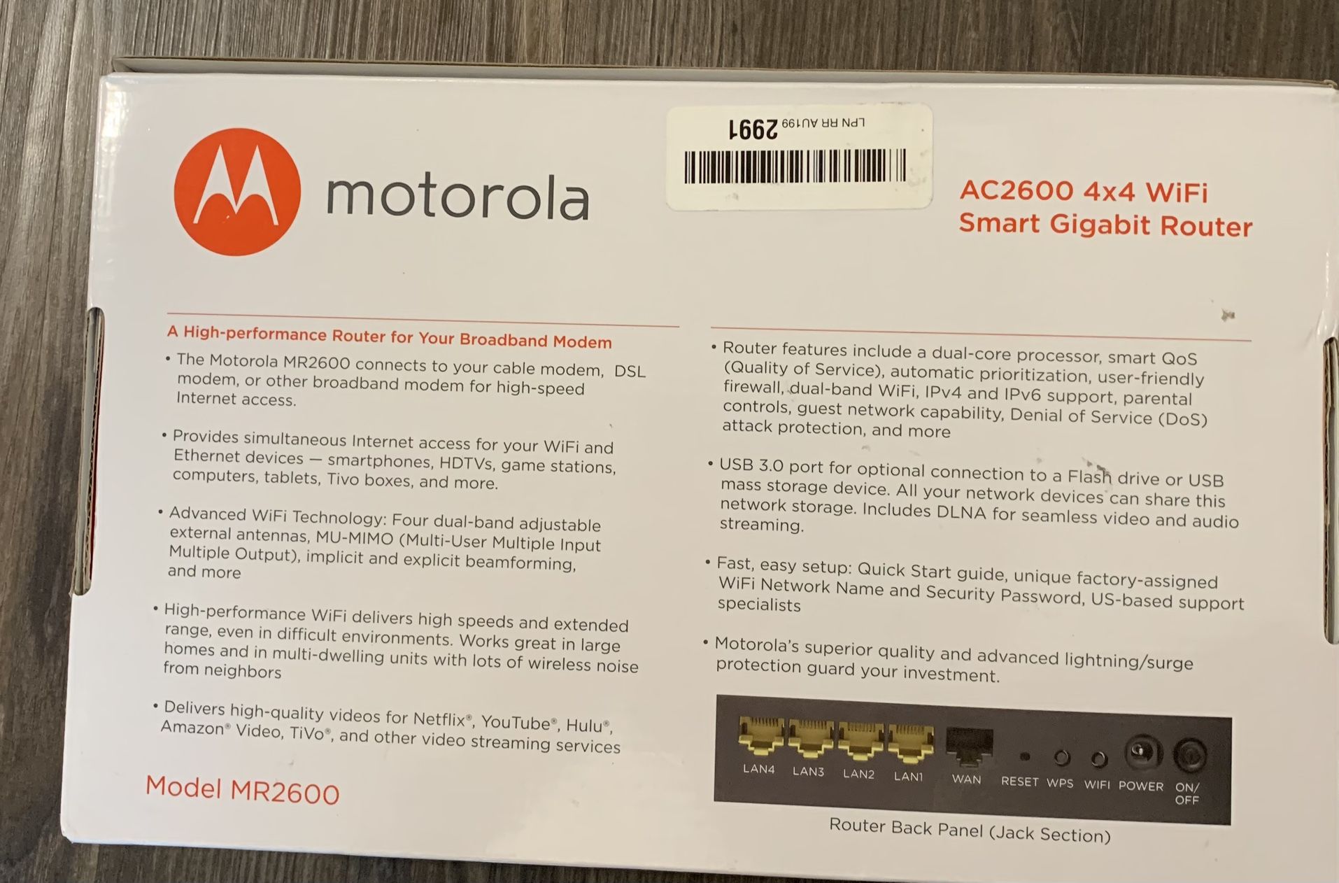 Motorola AC2600 4x4 WiFi Smart Gigabit Router with Extended Range, Model MR2600