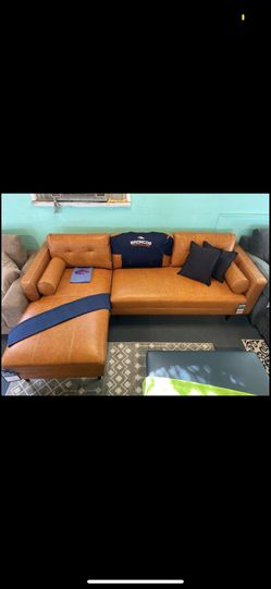 Root for the Broncos with a Beautiful caramel color leather Sectional 🧡💙🧡💙🧡💙 Thumbnail