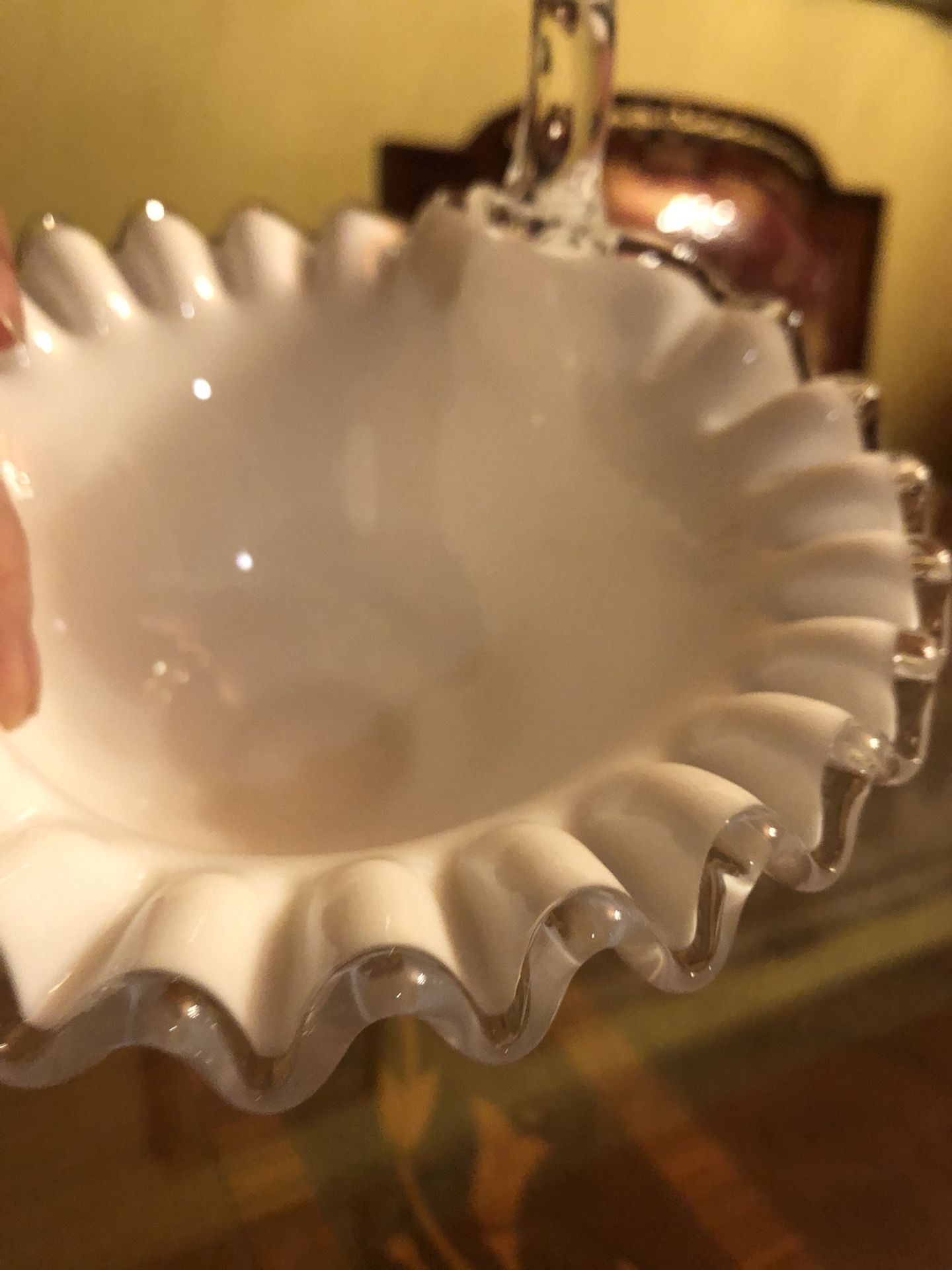 Vintage white milk glass 7 X 7 across basket with clear handle/trim ruffles