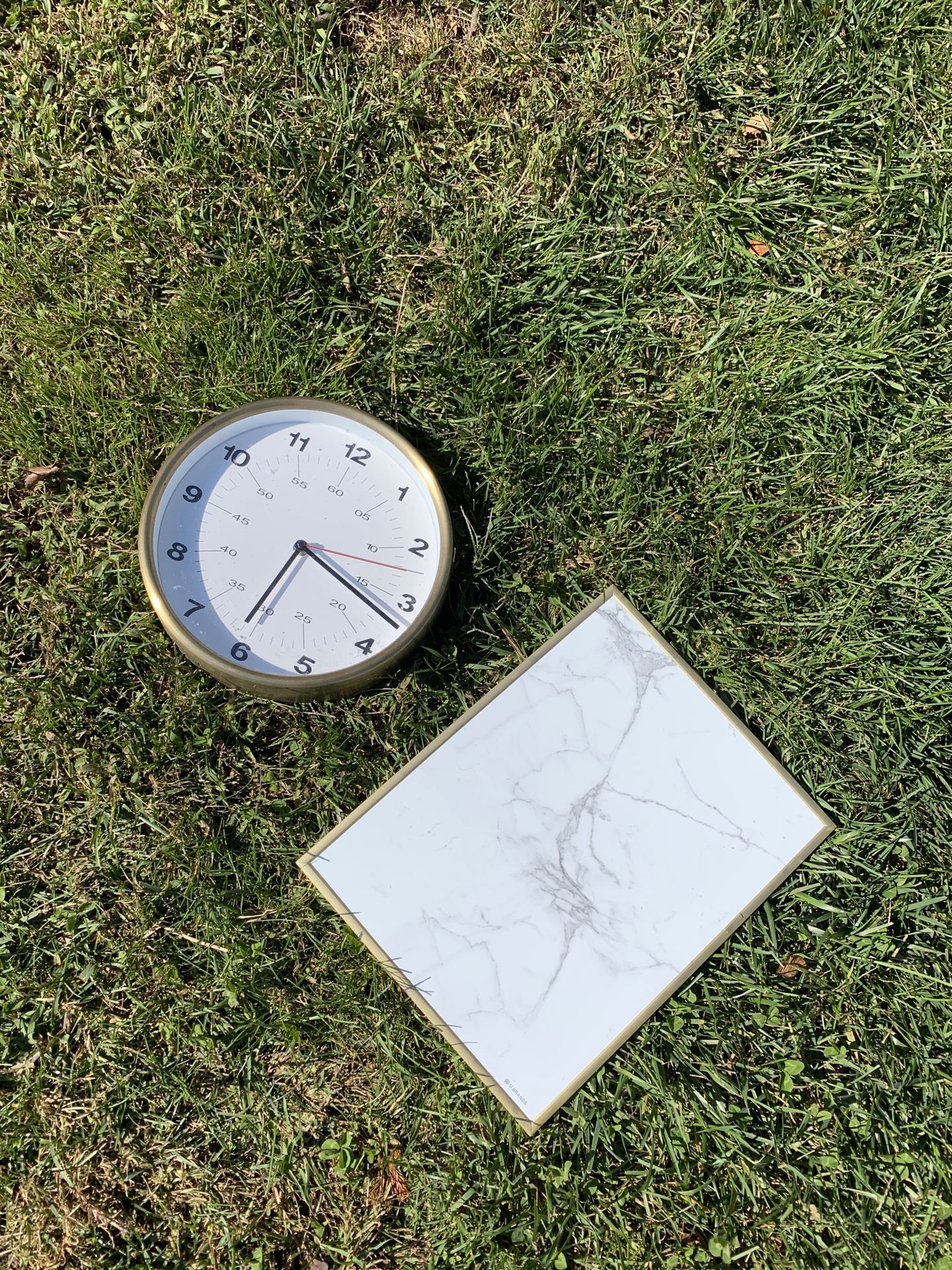 Brass / gold retro clock + brass and marble dry erase board for office or kitchen
