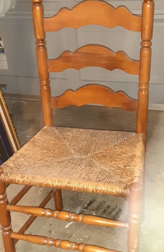 Vintage Ladder Back Wooden Side Chair Woven Cane Seat Cosmetic
