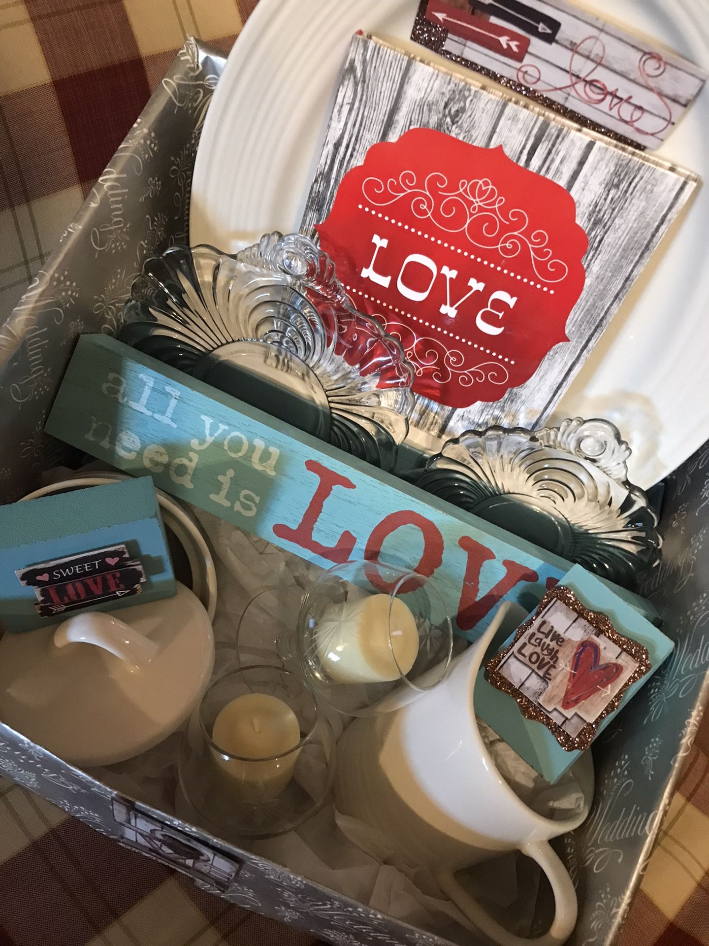 Wedding Gift Includes Candles, Book, Platter, Cream & Sugar Servers, Wooden Signs, Wine Glasses, & More!
