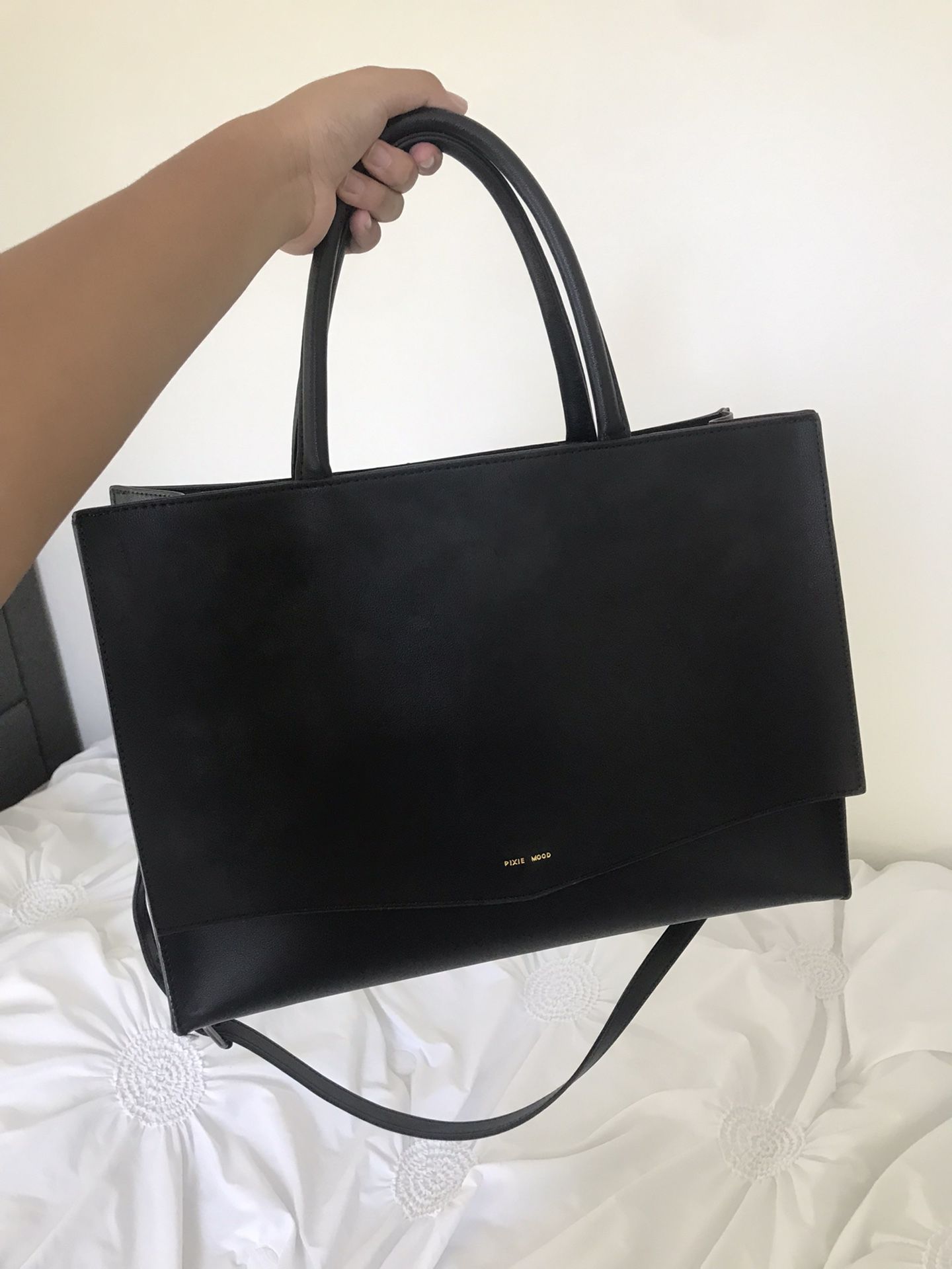 Black Pixie Mood Caitlin 15.5 x 11.5 Vegan Leather Large Tote Bag