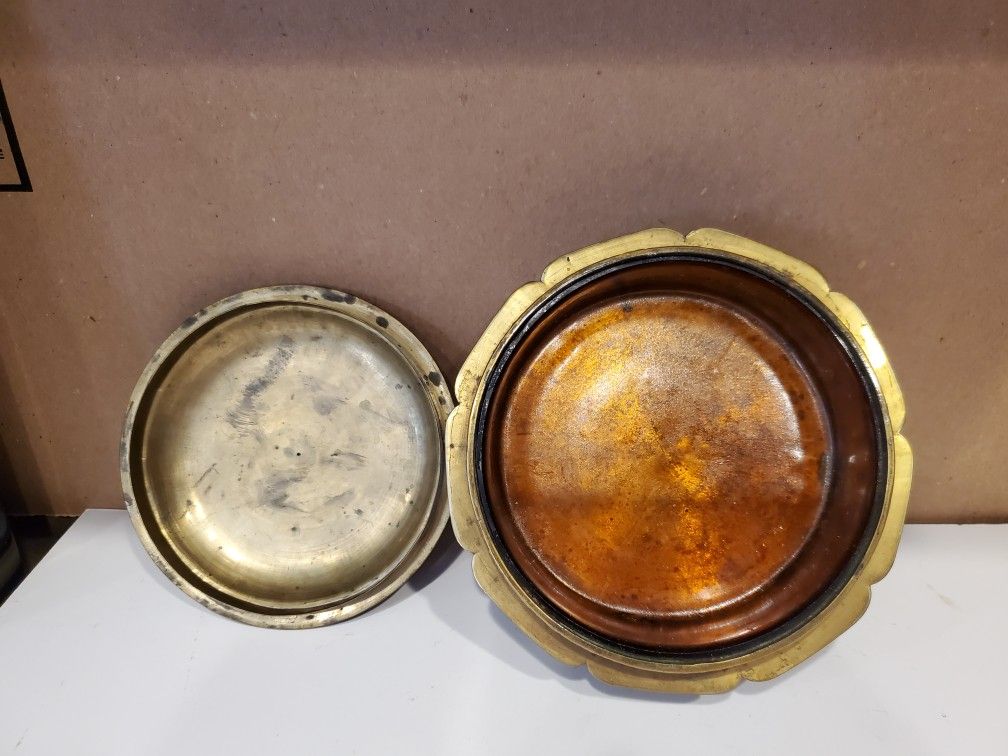 ANTIQUE BRASS AND ENAMEL COVERED DISH AMBER GLASS LINED