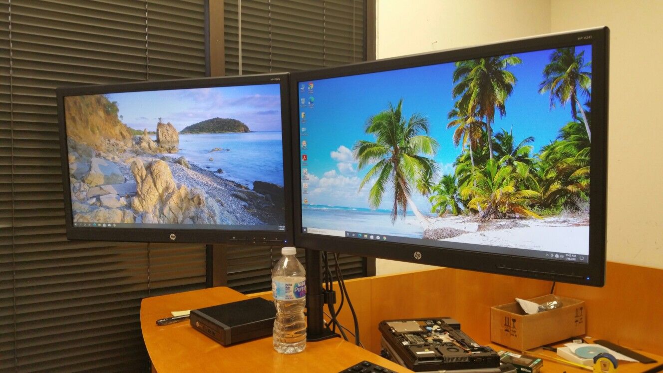 Dual-armed HP 24" LED monitors with cables: VGA, or DVI or HDMI or DP cables with power cords