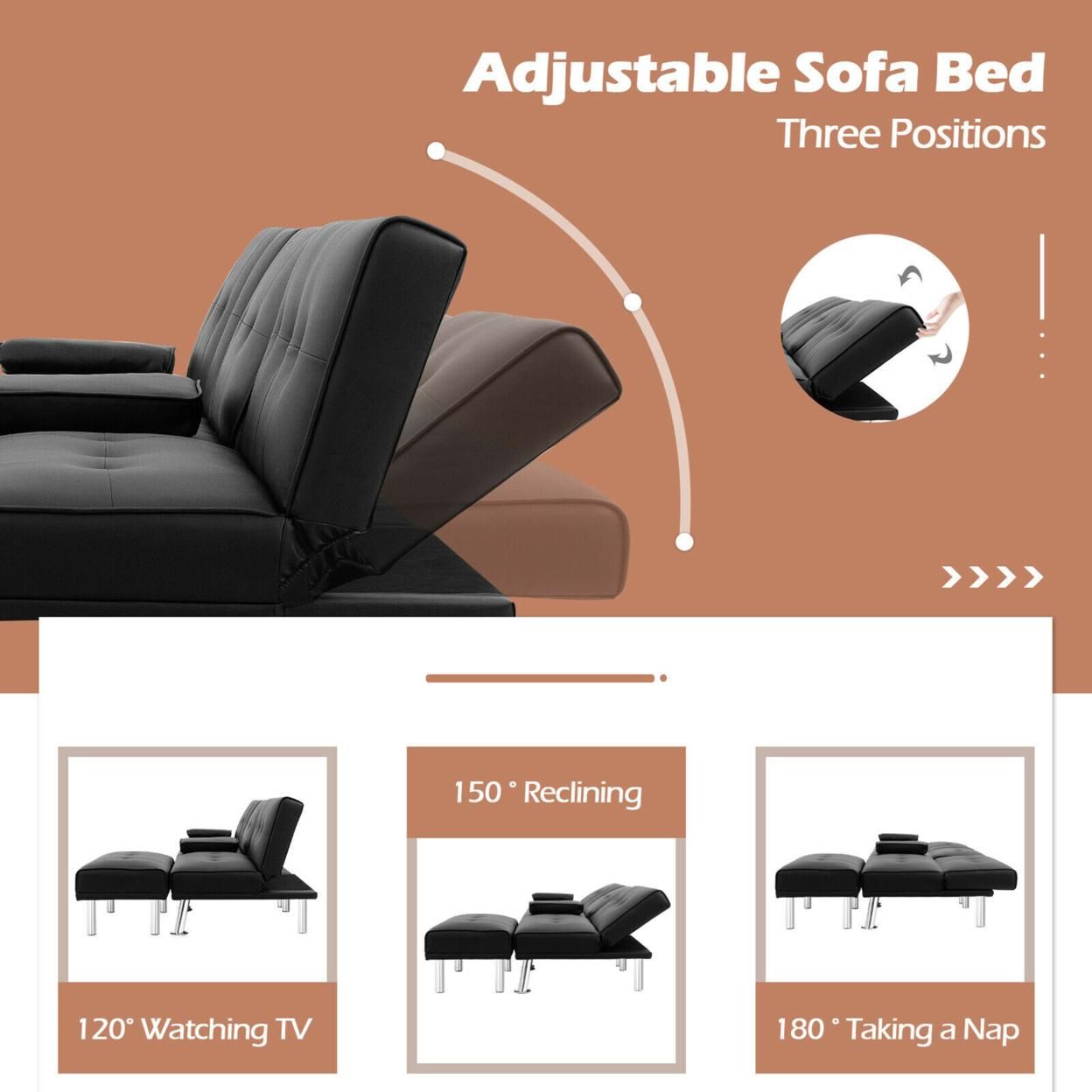 Gymax 3-Piece Sectional Sofa Set Convertible Futon w/Single Sofa & Ottoman Black