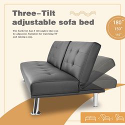 New Sofa Bed Modern Faux Leather Couch Bed Convertible Folding Recliner for Living Room with 2 Cup Holders and Armrest (Black) Modern PU Leather Conve Thumbnail