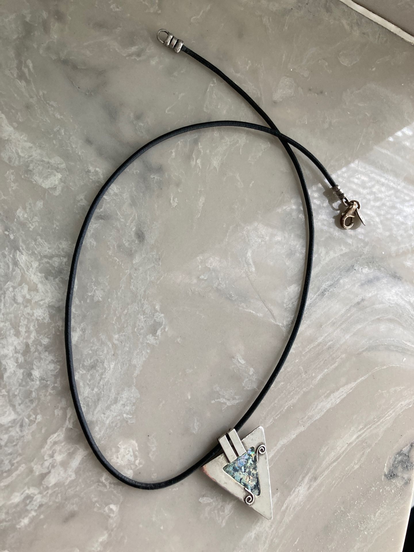 Sterling silver 925 & black leather artist signed necklace. Moonstone opal stone? Native American Indian Navajo? Art Deco? Modern Vintage Beautiful!!