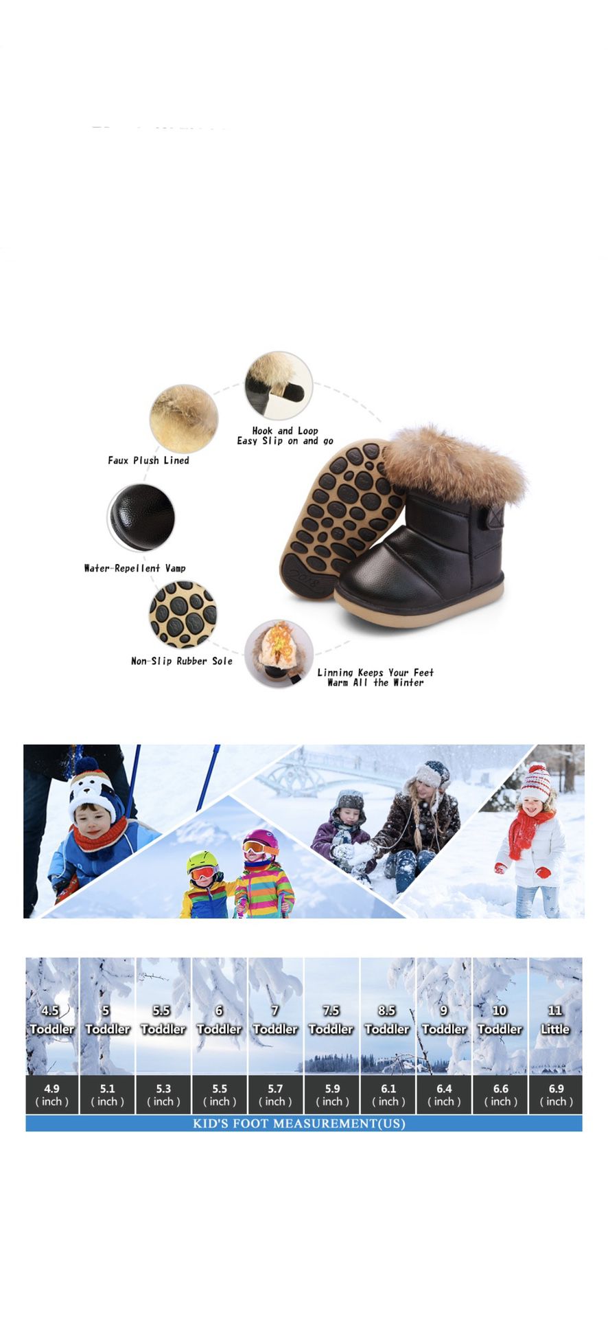Toddler Winter Snow Boots Warm Flat Plush Shoes - Black