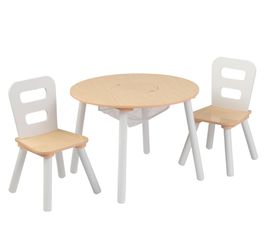 Round Storage Table & 2 Chair Set - Natural & White Thumbnail