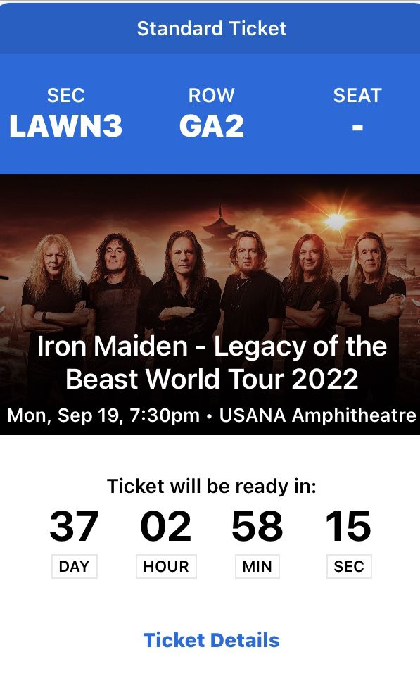 Iron Maiden Concert Tickets (2) GA Lawn, September 19, 2022, Selling BOTH for $60