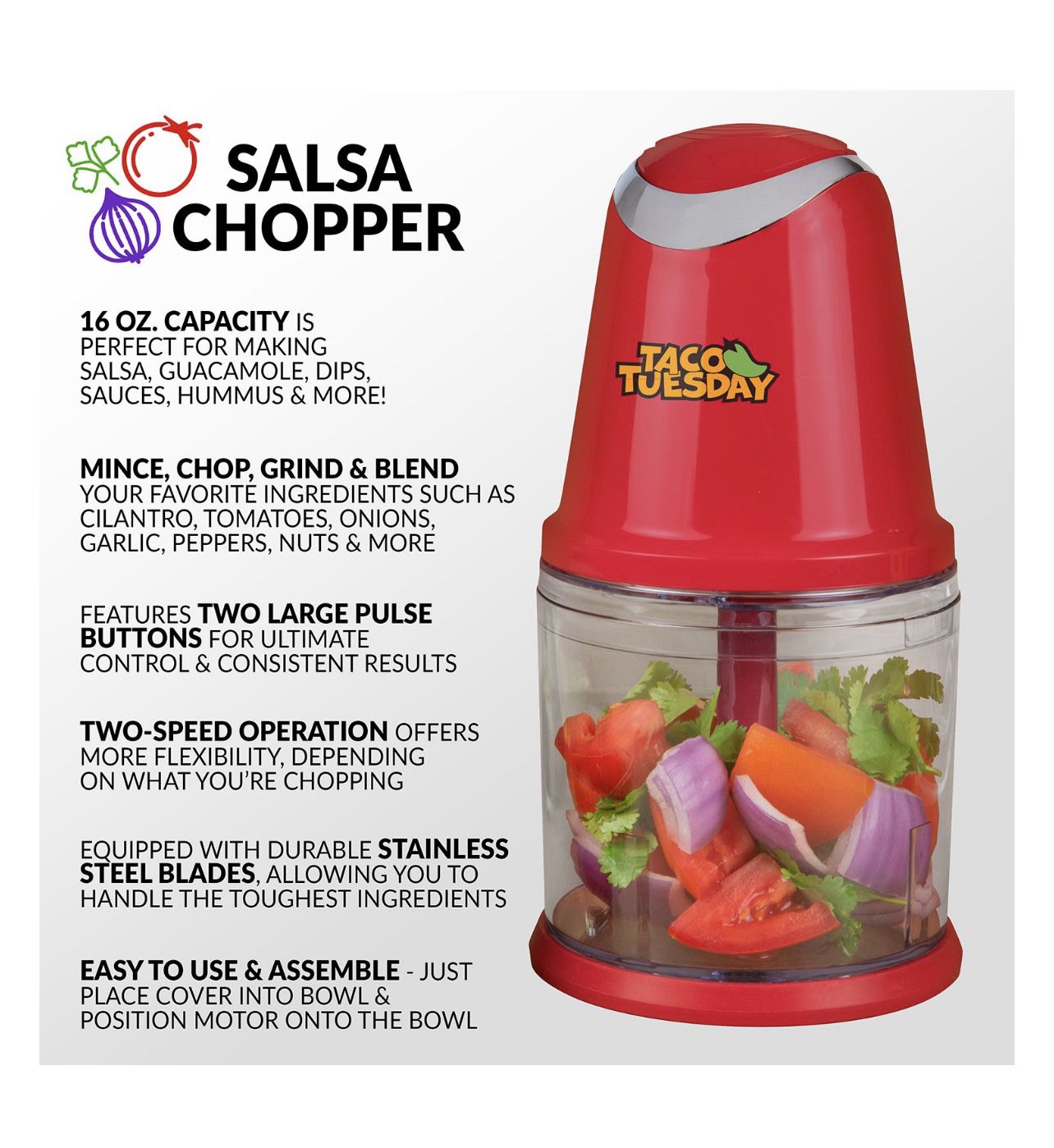Taco Tuesday TTCHP2RD 2-Cup Capacity 2-Speed Chopper with Stainless Steel Blades