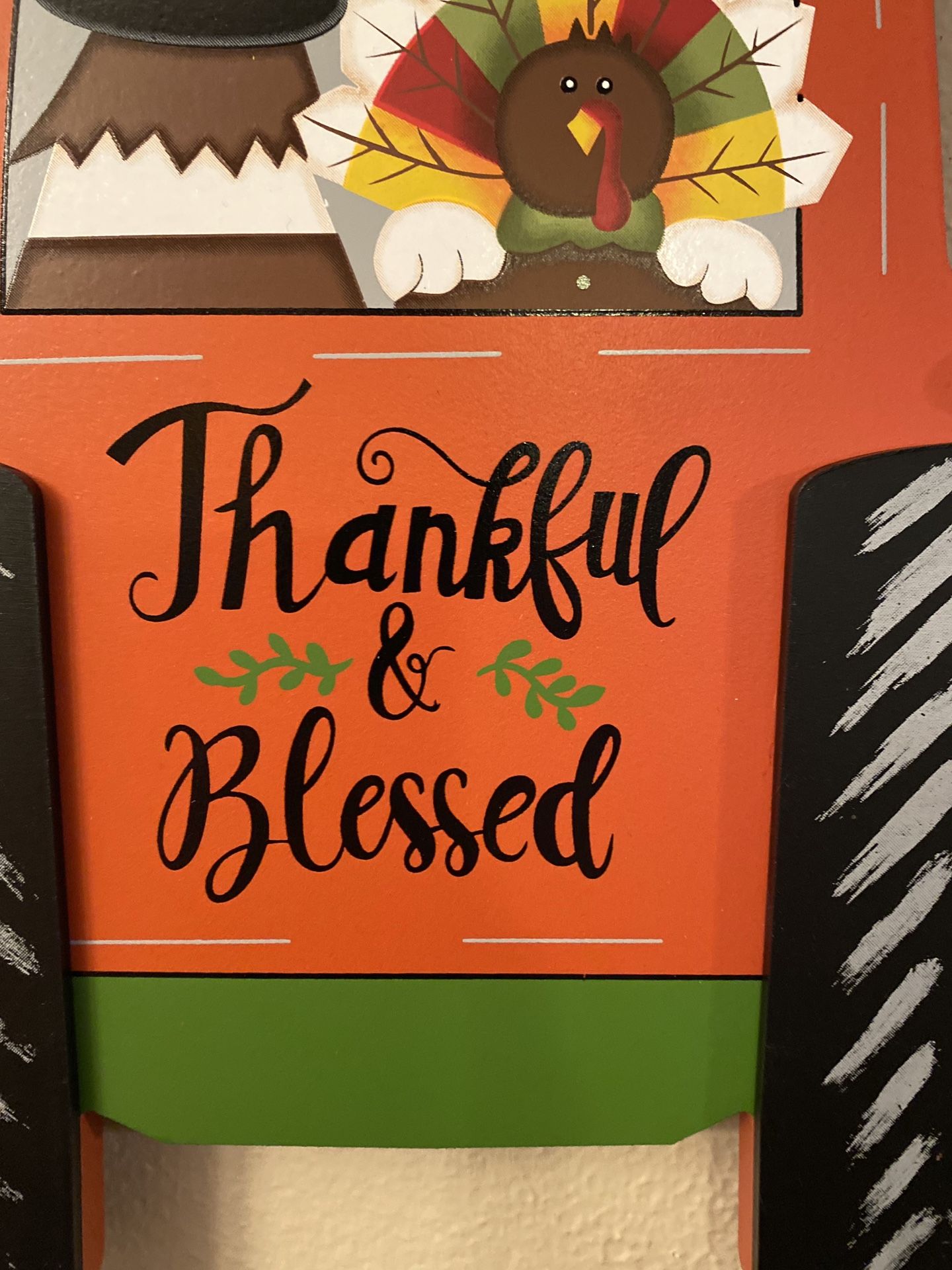 Fall Autumn Thankful & Blessed Pilgrim, Turkey & Farmhouse Tractor Hanging Wood Sign