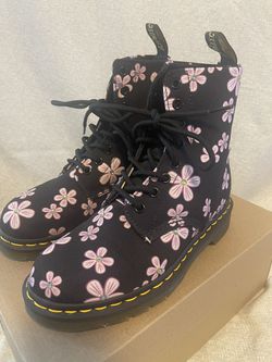 Dr. Martens Size 6 Women Page Meadow Canvas Boots Black Pink Floral Flower Thumbnail