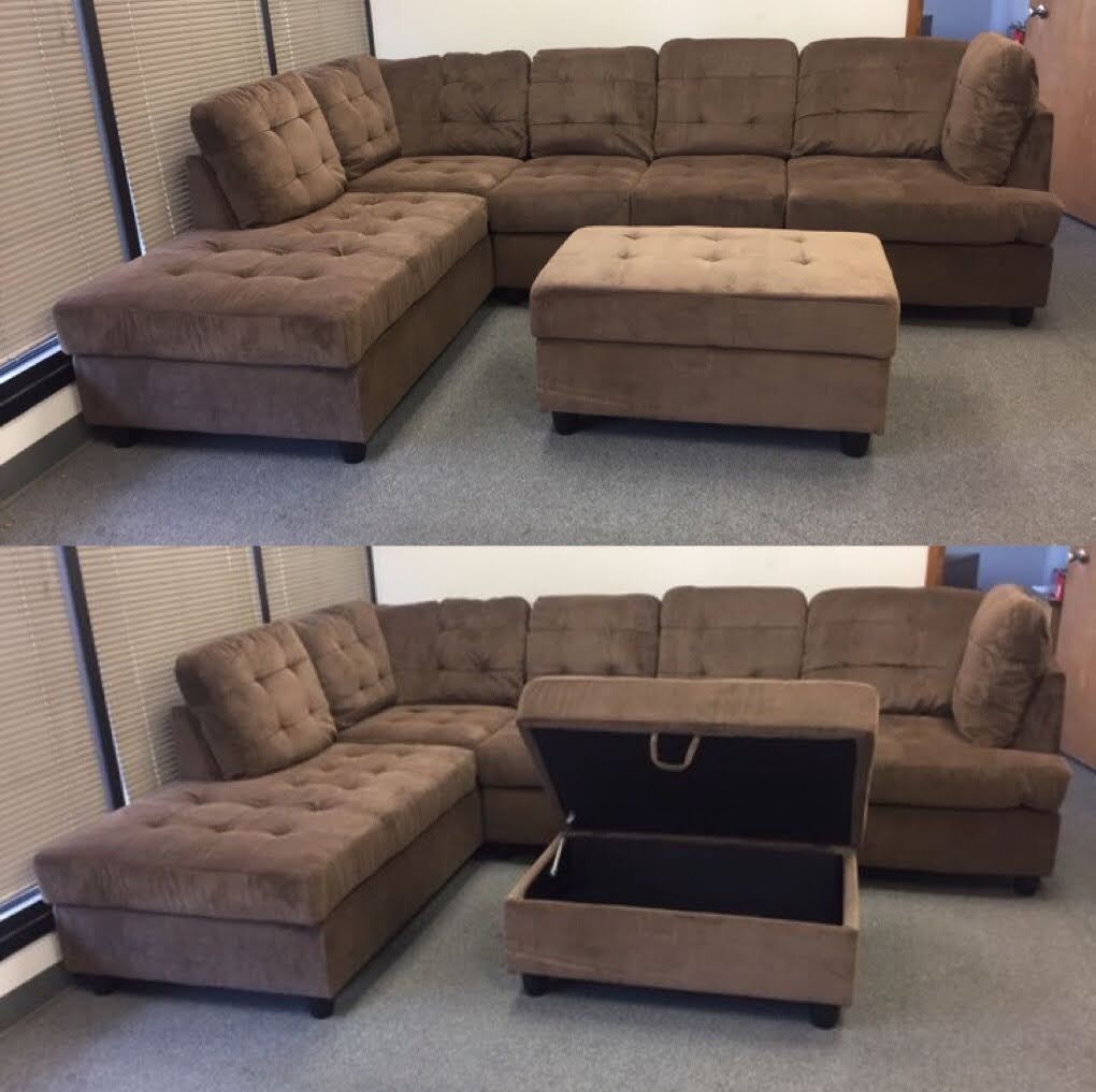 New Chocolate Brown Sectional Couch Chenille Sofa With Free Ottoman New In Boxes