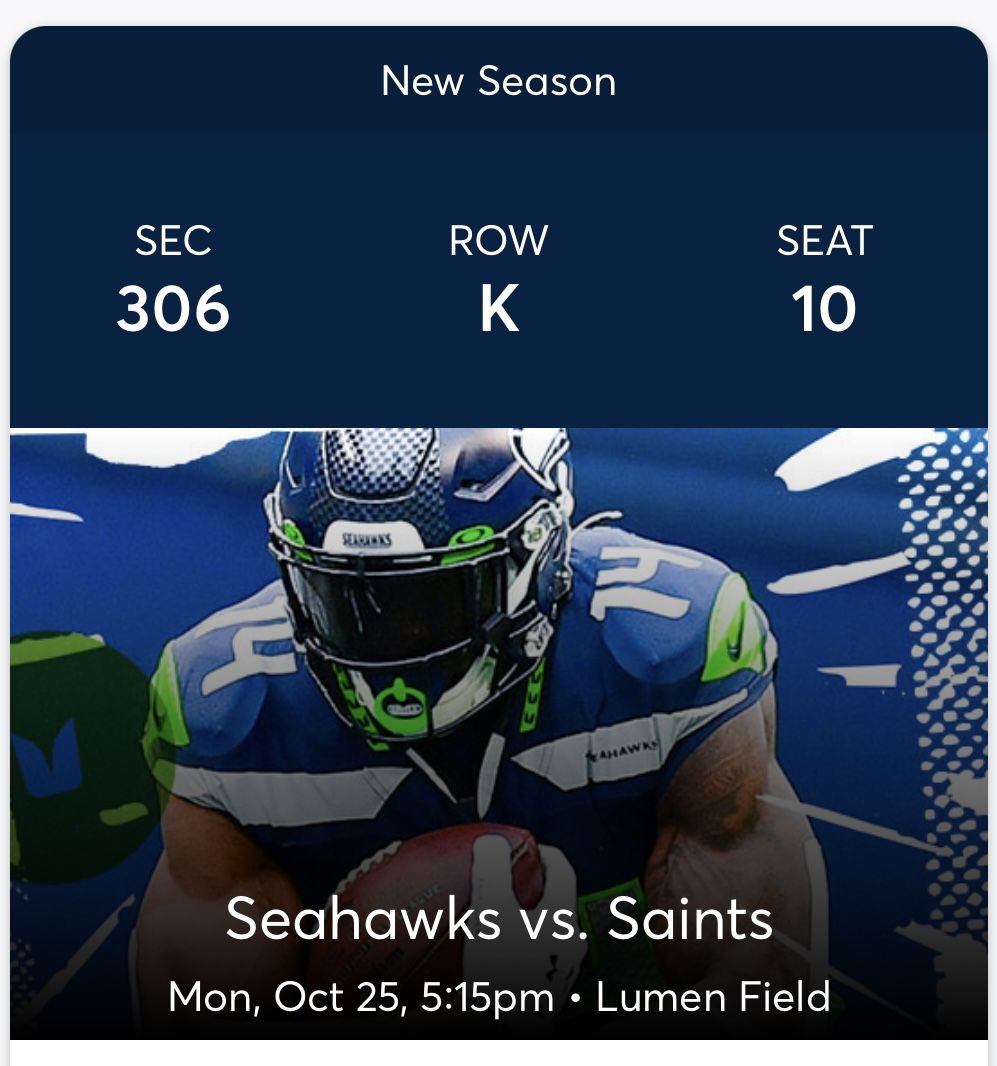Seahawks vs Saints Monday Night Football 10/25 Section 306