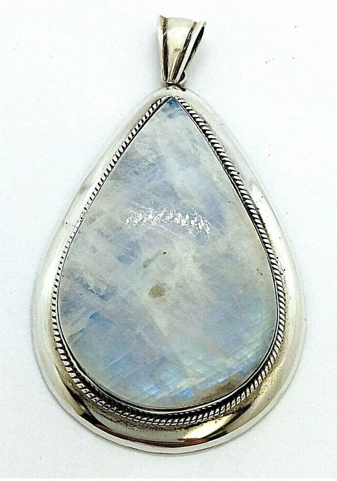 925 Solid Real Sterling Silver Large Natural Rainbow Moonstone Pendant 45mm