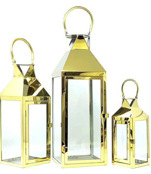 3-PC Set Jumbo Luxury Modern Indoor/Outdoor Hurricane Candle Lantern Set with Chrome Plated Structure and Tempered Glass-Pyramid Top 
