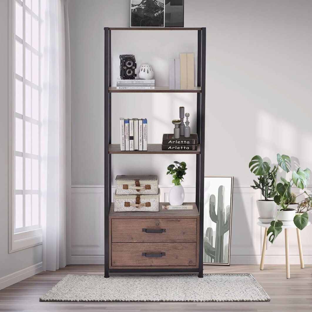 HOOSENG Bookcase with 2 Drawers, 4-Tier Open Bookshelf, 60'' Free Standing Shelf, Wooden Metal Frame Storage Cabinet, Organizer Rack Furniture for Liv