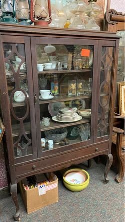 Amazing Fine! Antique China Cabinet! Real wood and original glass and handles! Thumbnail