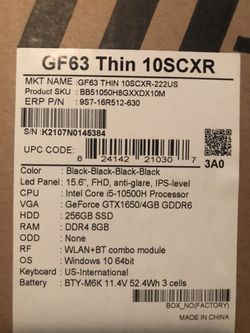 Brand New Sealed Box MSI GF63 Thin Gaming Laptop, 15.6" FHD Display, Intel Core i5-10300H, NVIDIA GeForce GTX 1650 MaxQ, 8GB DDR4, 256GB NVMe SSD, Bla Thumbnail