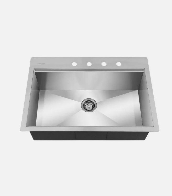 New open box Glacier bay top mount stainless steel 32 inch single bowl kitchen workstation and accessories no faucet 