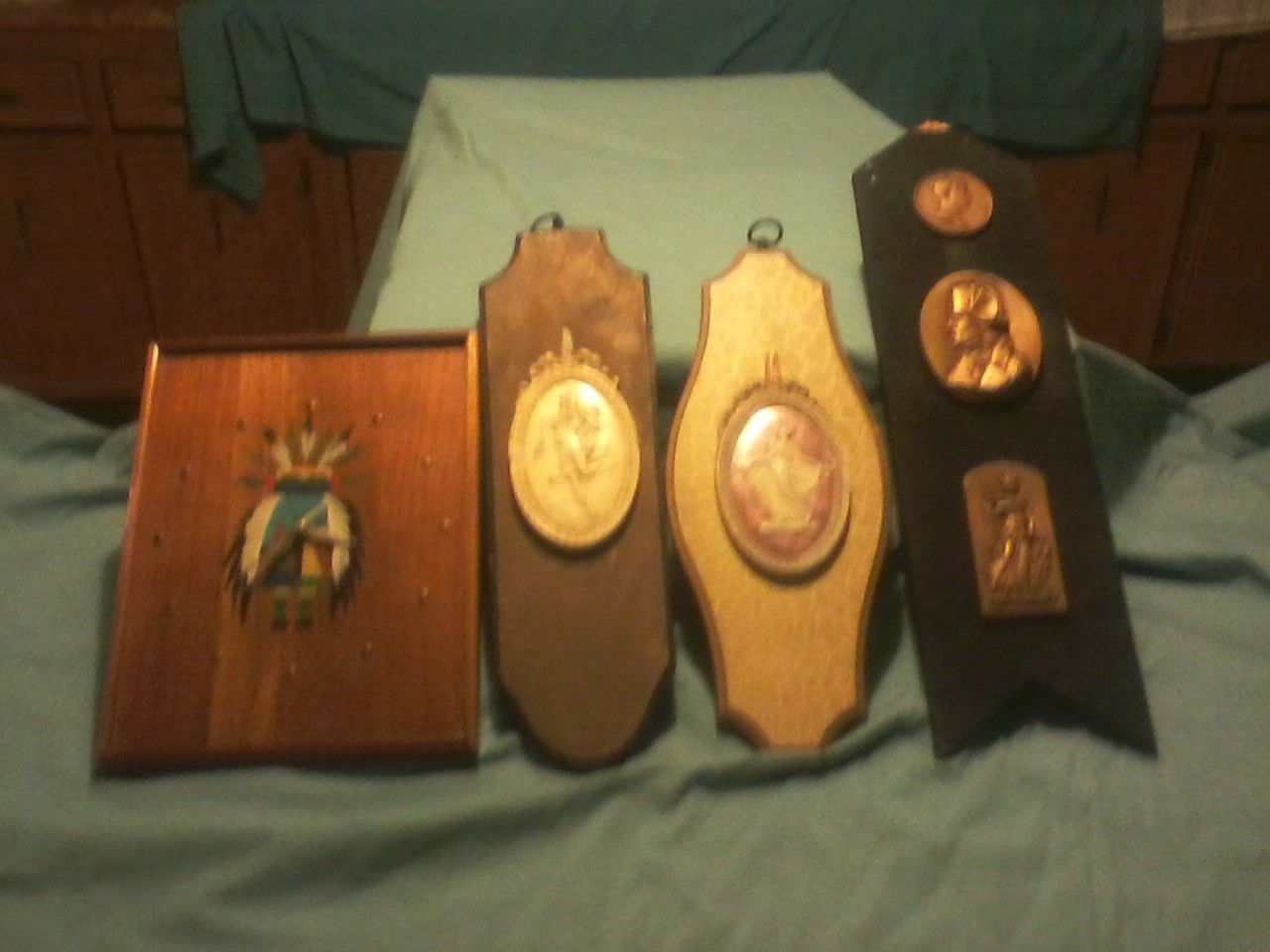 Vintage wood clock and plaque