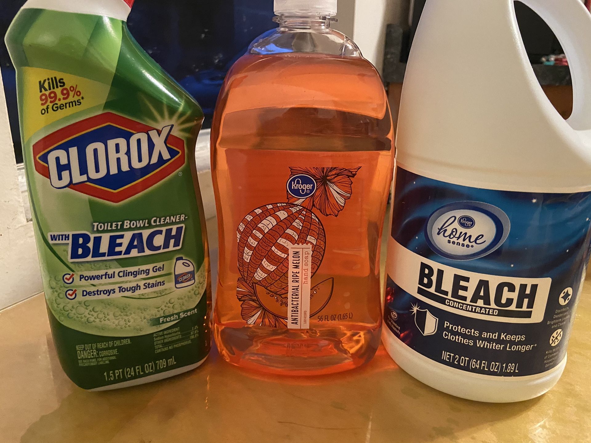 Clorox toilet bowl cleaner, 2 QT bleach and 56 fl Oz antibacterial hand soap great for refills!