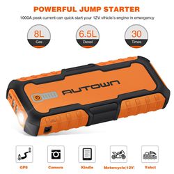 Portable Power Pack & Jump Box with Smart Jumper Cables and LED Light 12V Auto Battery Booster with Quick Charge 21000mAh 1000A Peak AUTOWN Car Jump Starter Up to 8.0L Gas, 6.5L Diesel Engine 