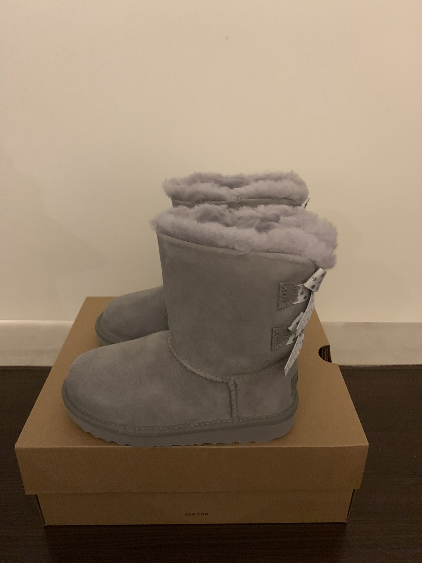 100% Authentic Brand New in Box UGG Bailey Bow Polka Boots / Color: Grey / Toddler size 7 and 11